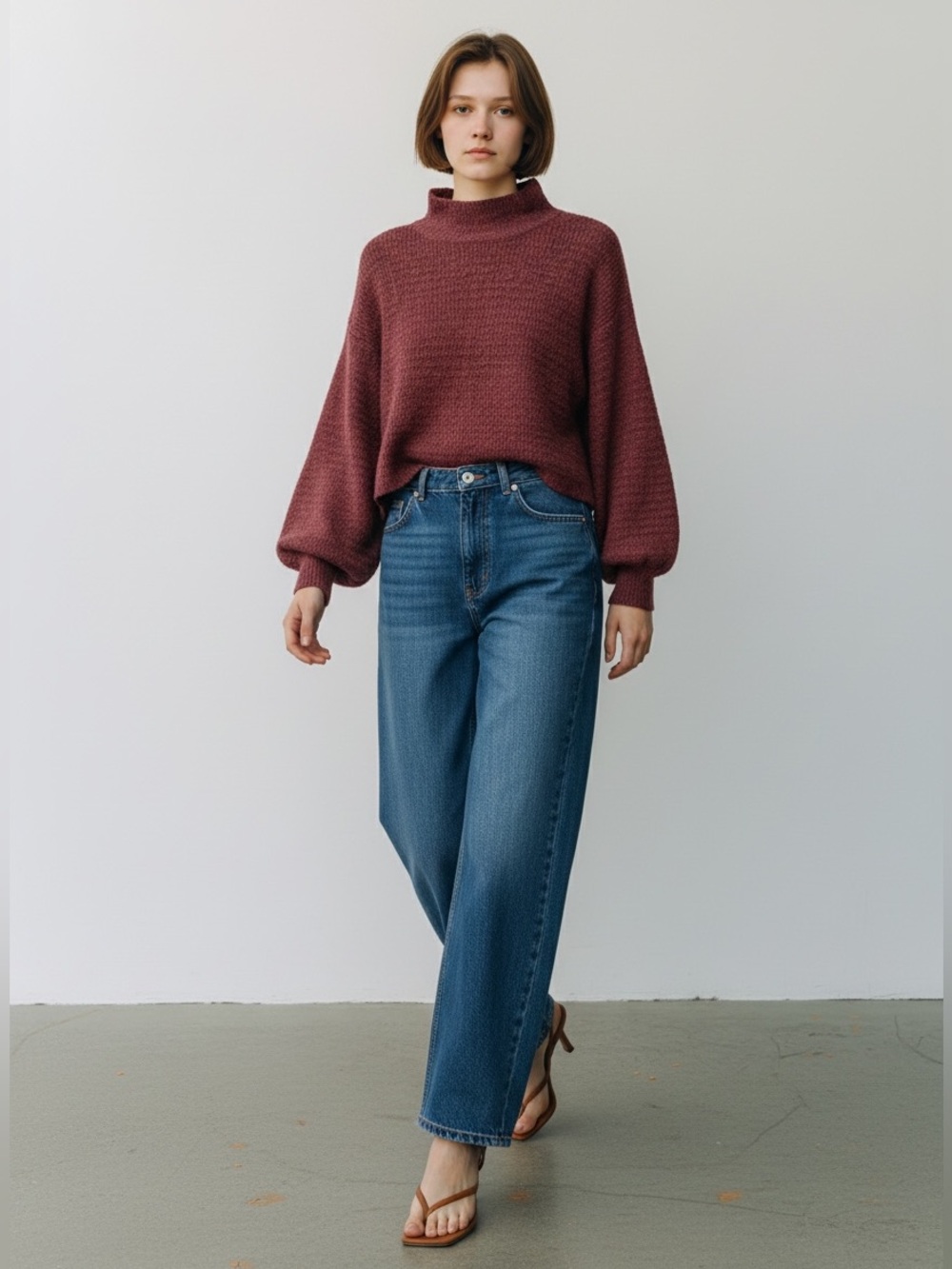 Topshop Balloon Sleeve Roll Neck Sweater  Cropped Burgundy Size 4 Small